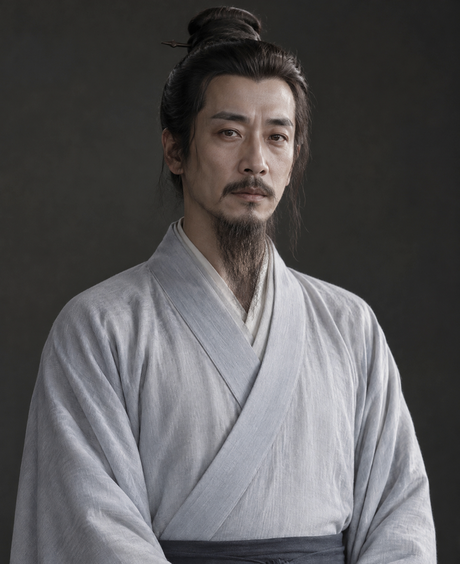 定妆图：四十岁唐代诗人，月白交领长袍，深色布带，束发高髻，纯深灰背景，柔和侧光