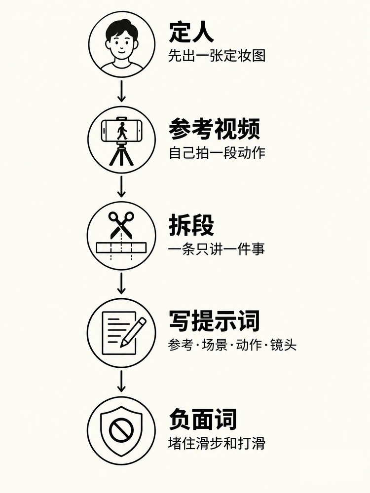 五步流程：定人（先出一张定妆图）→ 参考视频（自己拍一段动作）→ 拆段（一条只讲一件事）→ 写提示词（参考·场景·动作·镜头）→ 负面词（堵住滑步和打滑）