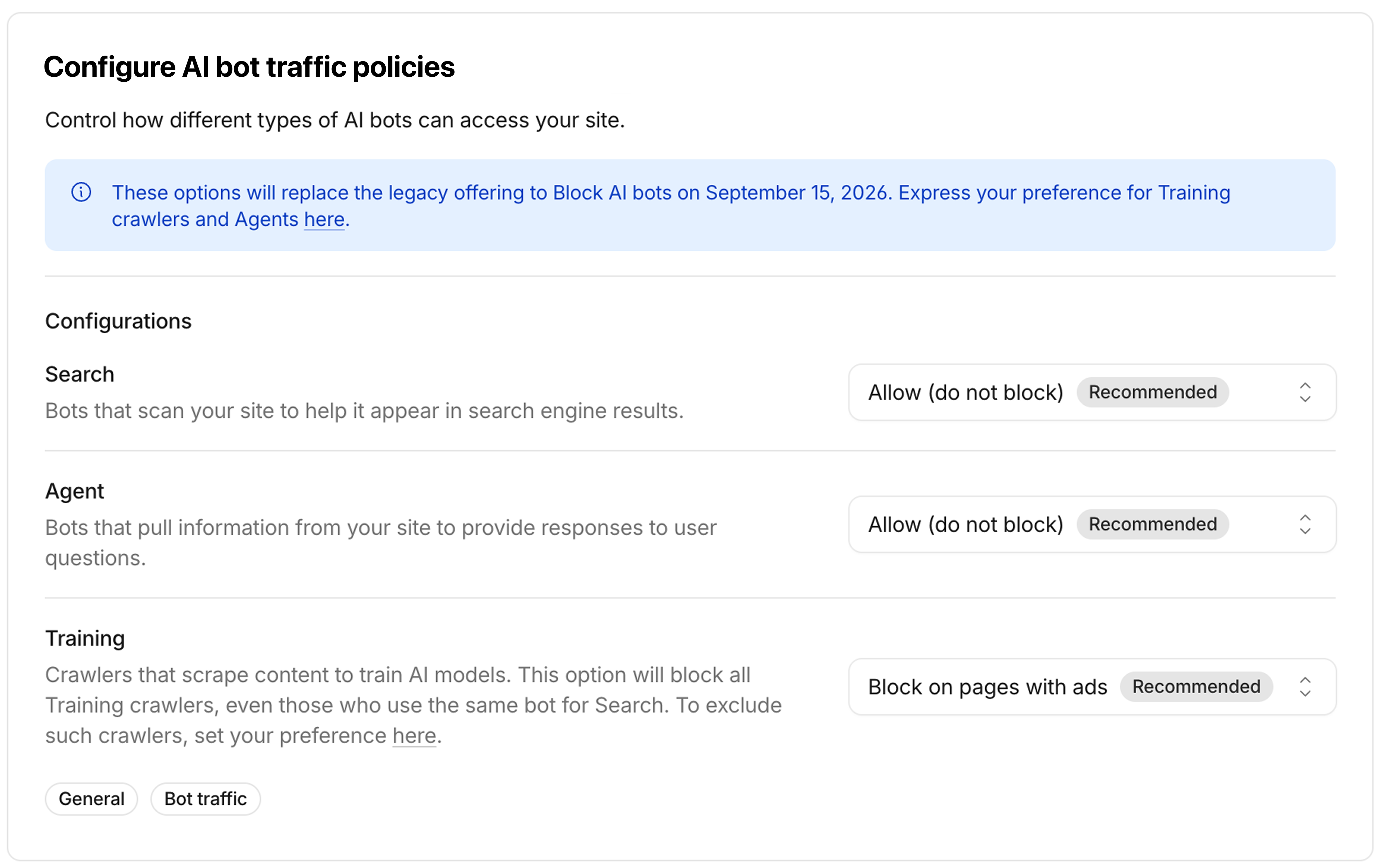 Cloudflare 后台的 AI 流量策略配置界面，Search、Agent、Training 三类可分别设为允许、阻断或仅在展示广告的页面阻断（图源：Cloudflare Developers 官方 changelog，2026-07-01）