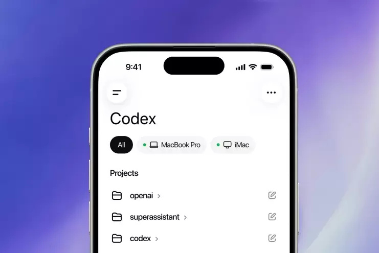 OpenAI Codex 手机端 Remote 官方界面:iPhone 上查看 MacBook Pro / iMac 上的 Codex 会话,管理 Projects(openai/superassistant/codex),远程审批和续跑长任务(来源:OpenAI 官方宣传图,腾讯新闻转载)