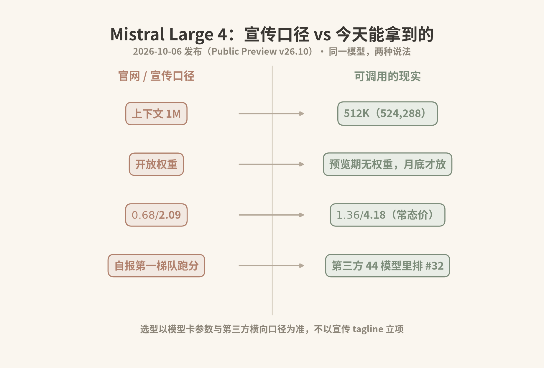 Mistral Large 4 宣传口径与实际可调用参数对照