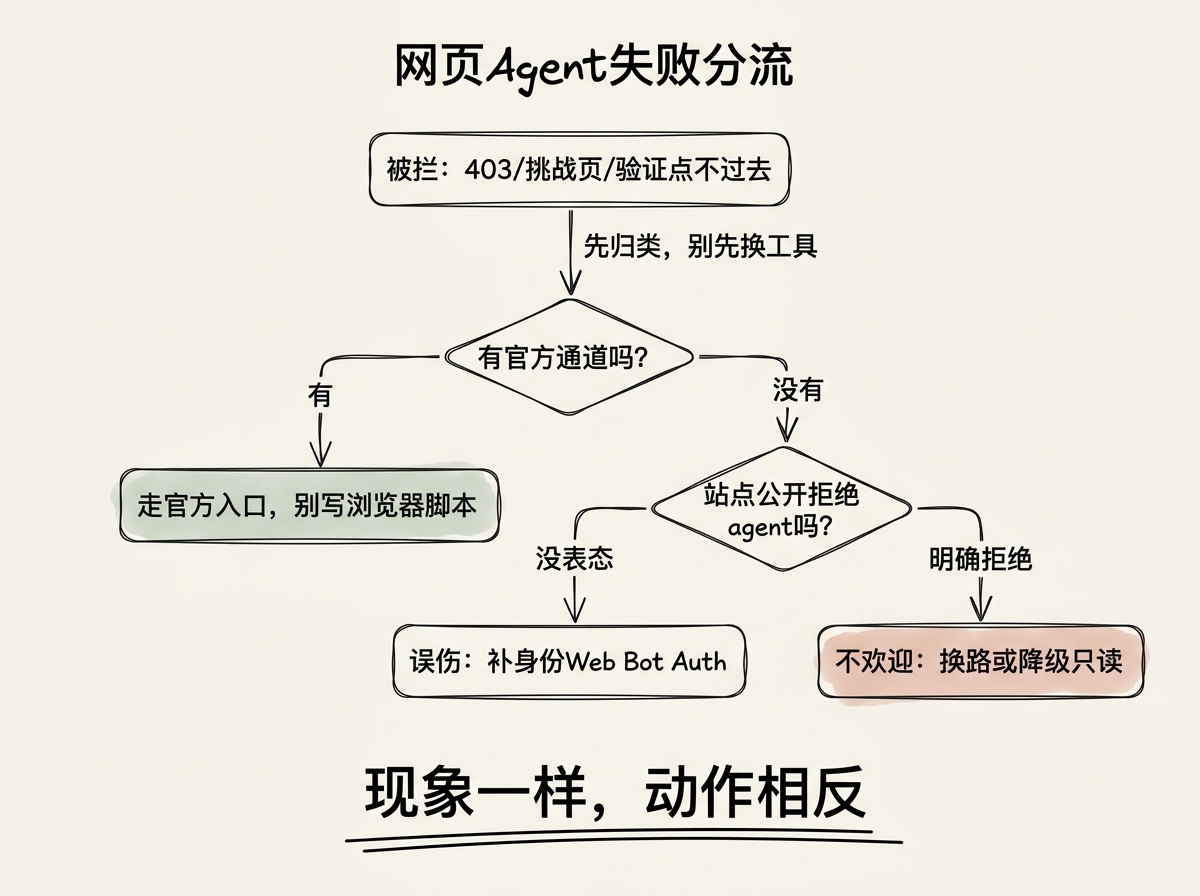 网页 Agent 失败的分流决策：先判断站点有无官方通道，再看是否被公开拒绝，分别对应走官方入口、补身份、退出或降级只读（图源：本文根据 Cloudflare changelog、Web Bot Auth 文档与 Yelp、Delta 的公开口径绘制）